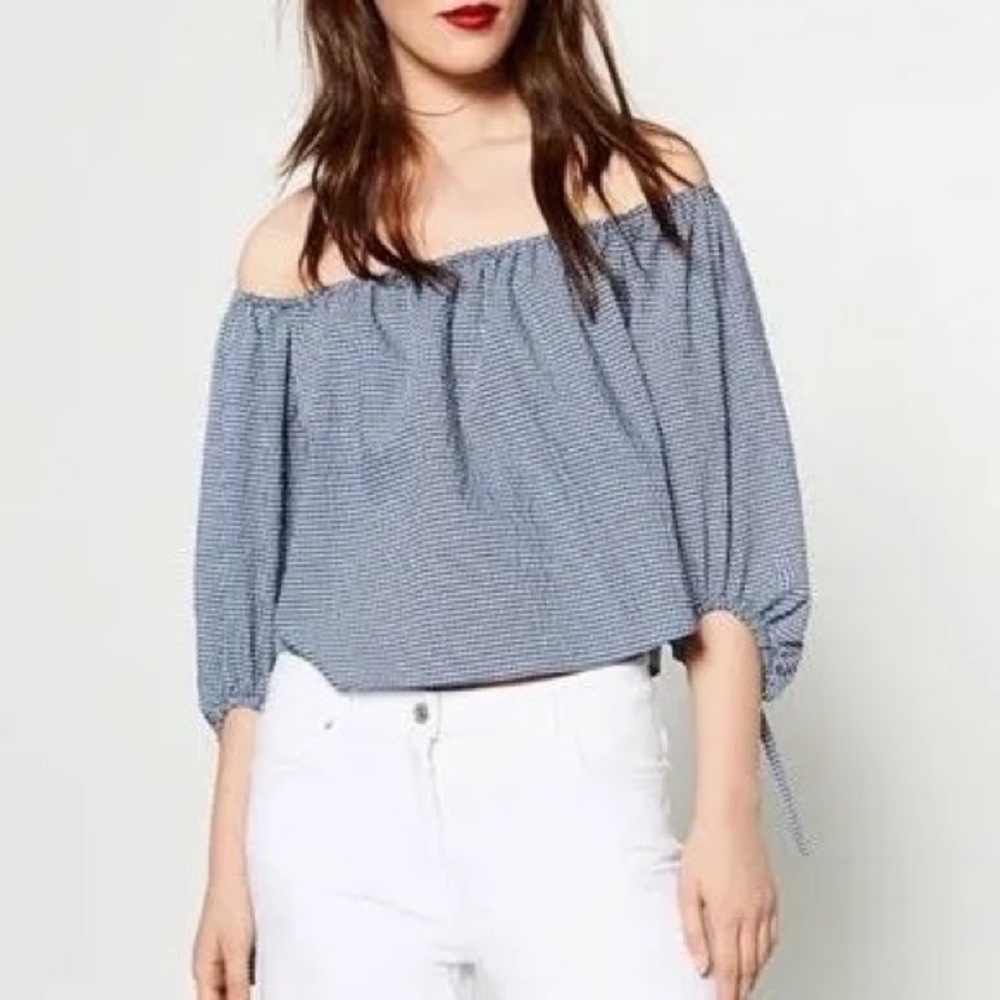 NWOT Zara Women’s Blue and White Gingham Off The Shoulder Crop Top